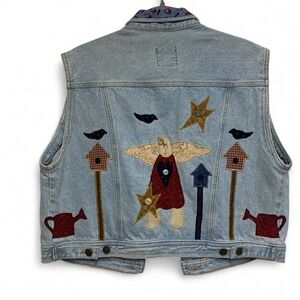 Vintage‎ SUN BELT Denim Upcycled Womens Vest Garden Birds Birdhouse Sugar Ridge